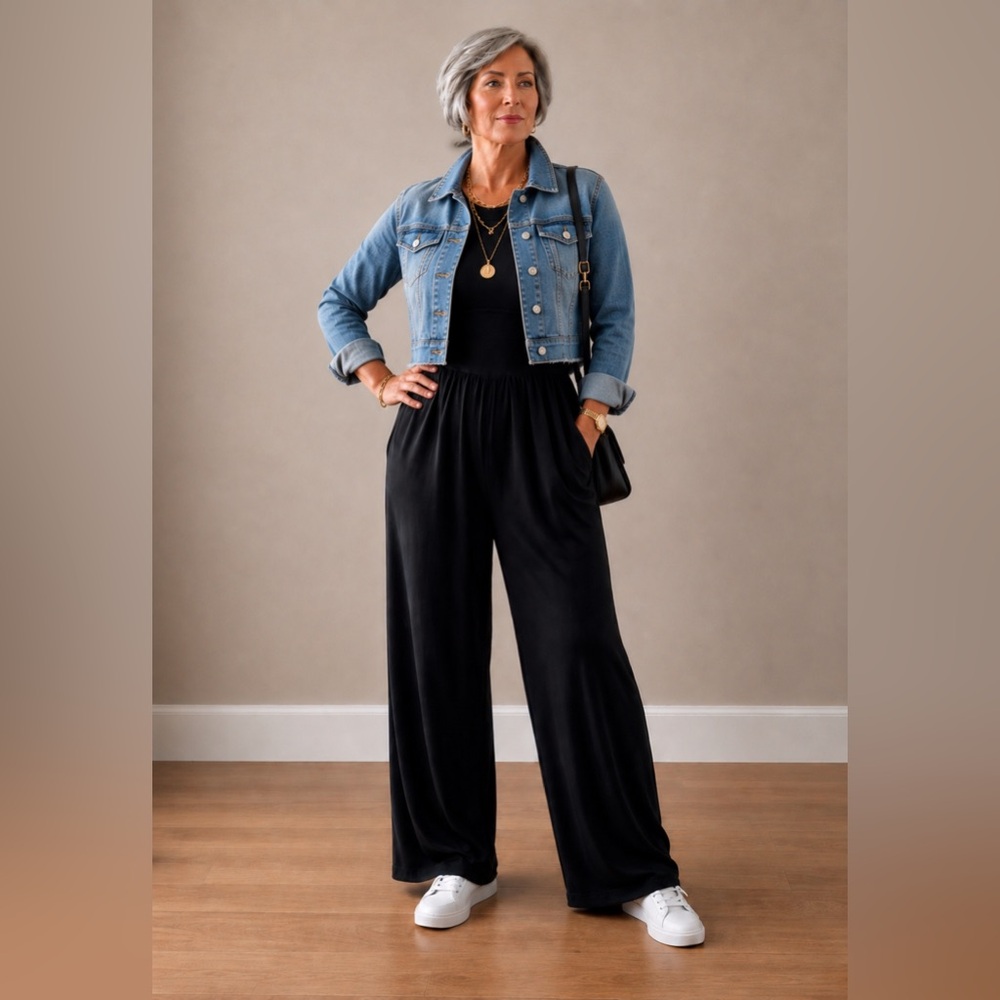 Black Athleisure Wide Leg Jumpsuit Ribbed Sleeveless Stretch Waist Flowy Pants M